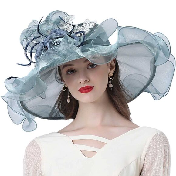5797 Women Flower Feather Fascinator Kentucky Organza Derby Wide Brim Sun main image 3